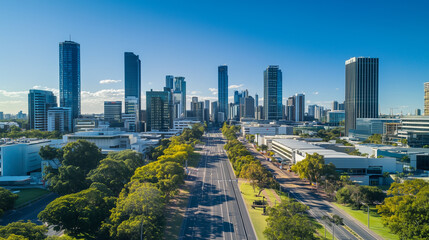 Naklejka premium Modern City Skyline with CBD Office Buildings - Drone View and Clear Blue Sky