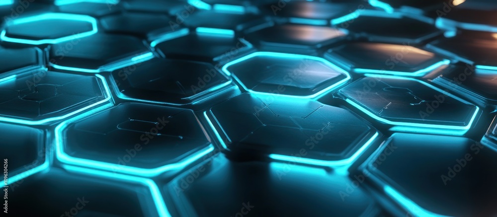 Poster abstract hexagonal pattern with glowing blue lines.