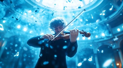 Fototapeta premium Musician Playing Violin Under Stunning Lighting Effects in Concert Hall