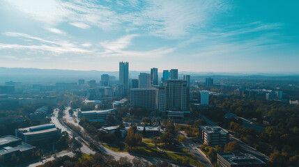 Obraz premium Modern City Skyline with CBD Office Buildings - Drone View and Clear Blue Sky