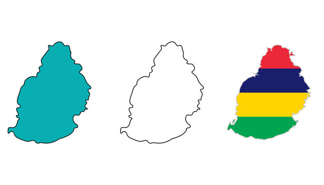 Mauritius map outline  silhouette and flag isolated on map with transparent background.