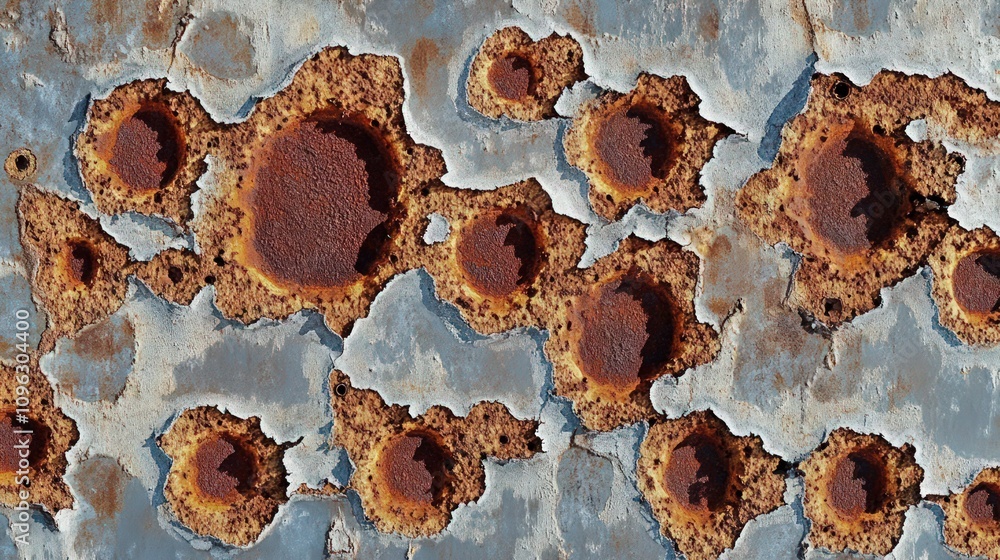 Poster a corroded metal surface with a pattern of rust spreading in circular formations. the brownish-red r