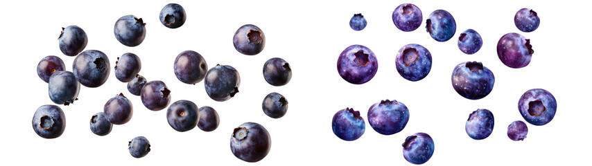 Fototapeta premium Fresh blueberries scattered on black background, showcasing their vibrant colors and textures. These juicy berries are perfect for healthy snacks and desserts