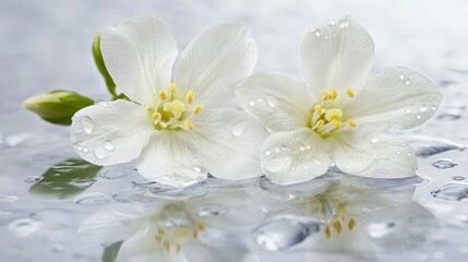 Fototapeta premium Two delicate jasmine flowers with water droplets on a reflective surface, showcasing their pristine white petals and vibrant yellow centers against a soft natural backdrop.