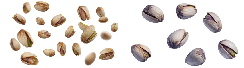 Pistachio nuts in various stages of shelling, showcasing their unique colors and textures. Perfect for culinary uses or healthy snacking
