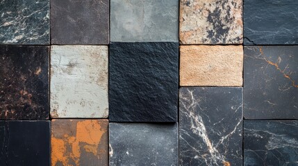 Vintage shabby patchwork tiles with a mix of black anthracite stone and concrete textures arranged in a unique, stylish wall background.
