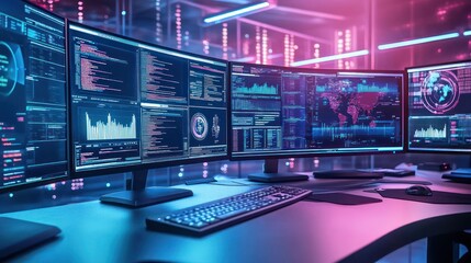 Fototapeta premium Cybersecurity Workstation with Multiple Monitors
