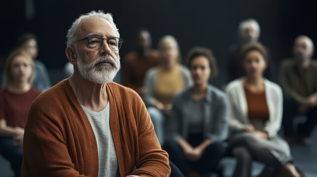 Thoughtful Elderly Man in Sweater Pondering at Group Meeting Surrounded by Young Adults, Expressing Reflection and Connection in a Calm Setting