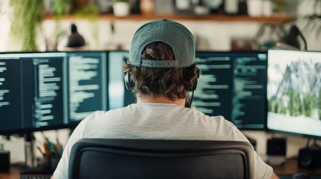 Focused Programmer Working at Desk with Multiple Screens and Headset