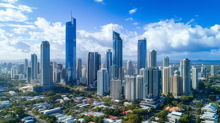 Obraz premium Modern City Skyline with CBD Office Buildings - Drone View and Clear Blue Sky