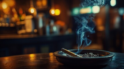 Obraz premium Cigarette Burning in Ashtray at Bar