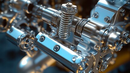 Obraz premium Extreme closeup of polished chrome metallic engine components with springs and bolts showcases complex modern mechanical engineering precision.