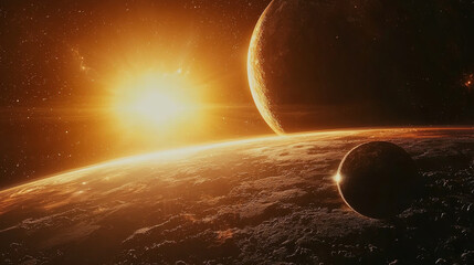 Obraz premium stunning view of distant planet with glowing sun, showcasing celestial bodies in space. vibrant colors and dramatic lighting create sense of wonder and exploration