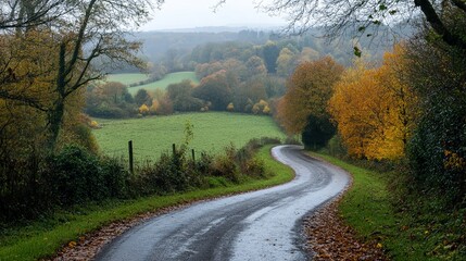 Obraz premium Scenic autumn drive through lush green fields rural landscape serene environment captivating viewpoint