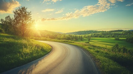 Scenic curved road at sunrise lush green landscape nature photography tranquil environment wide angle view serenity