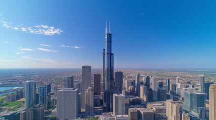 Fototapeta premium Modern City Skyline with CBD Office Buildings - Drone View and Clear Blue Sky