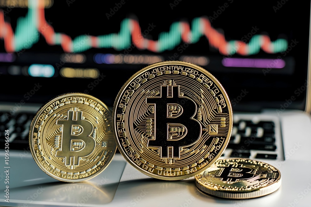 Poster bitcoin coins on a laptop with trading chart in background