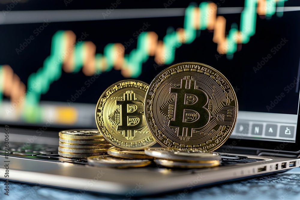 Poster cryptocurrency trading with bitcoin coins and price chart displayed