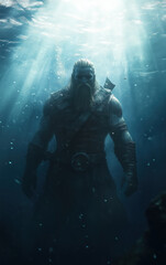 Viking underwater, swimming in the river, scandinavian warrior 