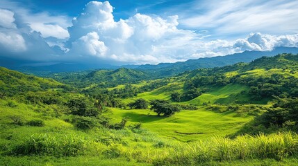 Lush green hillside landscape featuring rolling hills, vibrant grass, and a bright blue sky dotted with fluffy clouds.