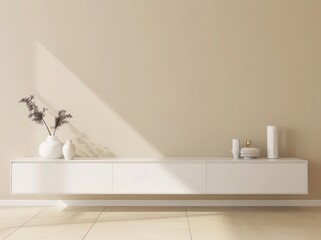 Fototapeta premium Minimalist living room interior with a white tv stand, a flat screen tv, a vase with branches, and sunlight streaming through the window