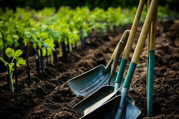 Garden tools ready for planting in a lush green vegetable patch
