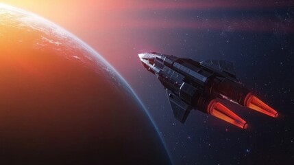 Exploration of outer space futuristic rocket launch towards earth digital art cosmic environment bird's eye view adventure concept