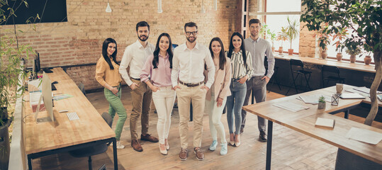 Full body photo of business man lady people partners spacious big office seven members successful professionals good mood meet new worker anticrisis corona crash team indoors