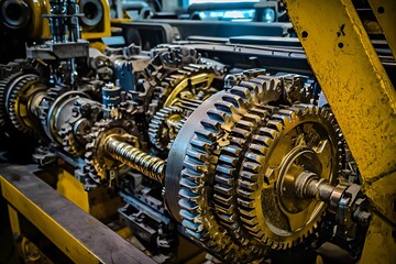 Obraz premium Gears and machinery components in a manufacturing plant workshop
