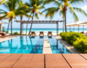 Fototapeta premium A serene wood table sits atop a sun-kissed beach, positioned in front of a tranquil swimming pool