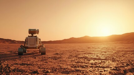 Fototapeta premium Exploring the martian landscape robotic rover adventure mars science fiction imagery desert environment distant viewpoint space exploration concept