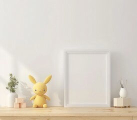 Empty picture frame mockup with a pink toy cat, wooden toys, and books on a wooden shelf