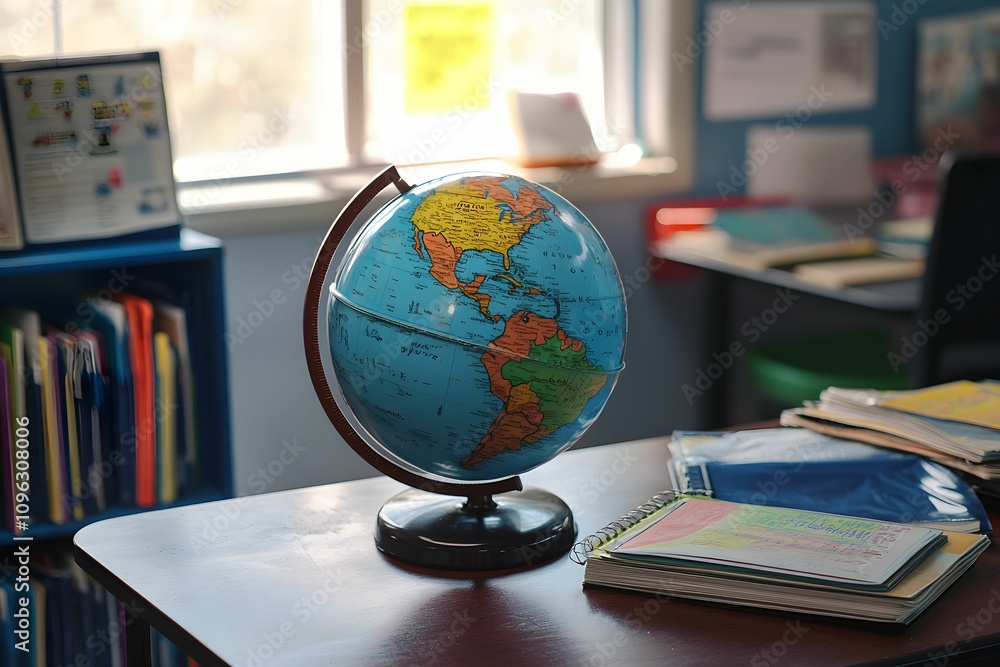 Poster educational globe on a desk in a classroom setting with books