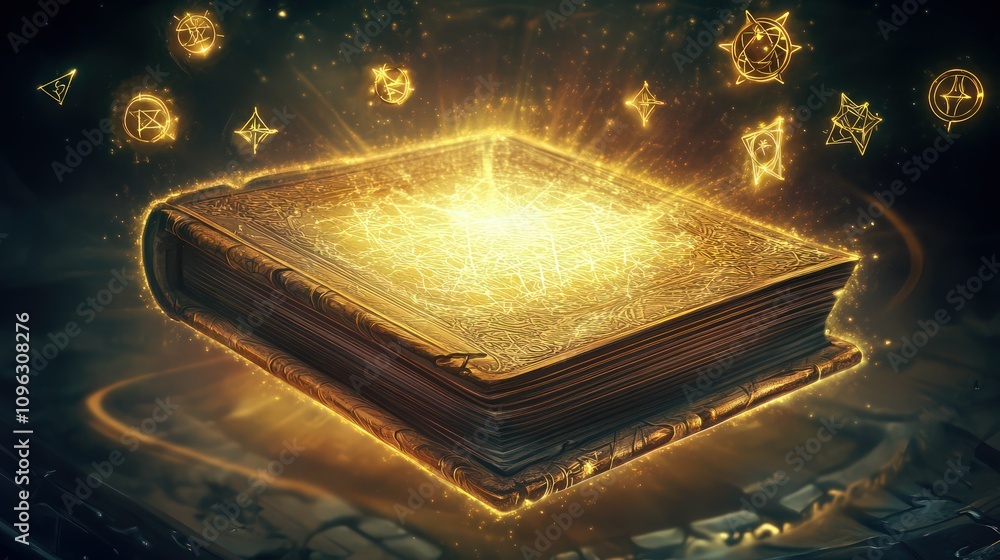Aufkleber a floating spellbook with shimmering golden light emanating from its pages, arcane symbols spinning 
