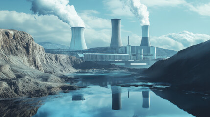 Fototapeta premium Industrial power plant with cooling towers and geothermal landscape