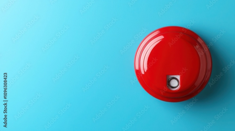 Poster fire alarm sensor signal concept. a vibrant red bell on a blue background, showcasing a simple yet s