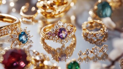 Exquisite Collection of Gold Rings and Jewelry with Colorful Gems Displayed Elegantly on a Reflective Surface, Capturing the Essence of Luxury and Style