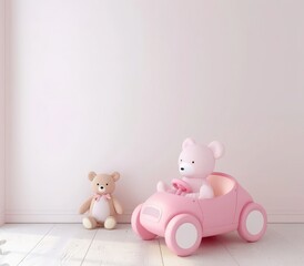 Obraz premium A pink teddy bear sits in a toy wagon in front of a white wall with a green plant in a white vase to the right