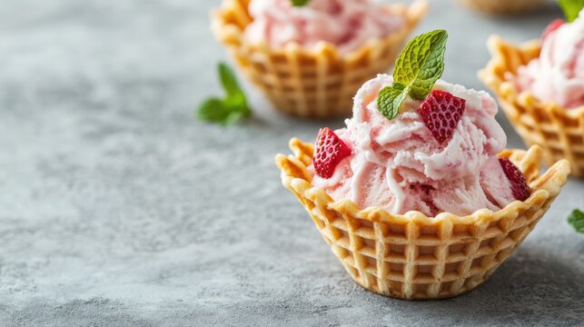 Strawberry ice cream topped with fresh mint leaves in crispy waffle cups, showcasing a refreshing summer dessert on a gray stone background.
