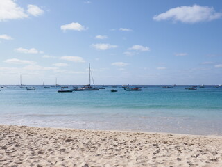 Boats seen from beach on Sal island in Cape Verde