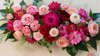 Arrangements of roses and flowers in a kaleidoscope of pink,