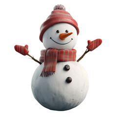 3D snowman with red hat and scarf isolated on transparent background