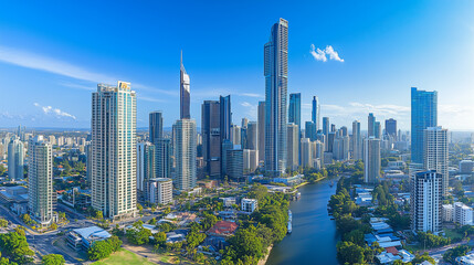 Fototapeta premium Modern City Skyline with CBD Office Buildings - Drone View and Clear Blue Sky