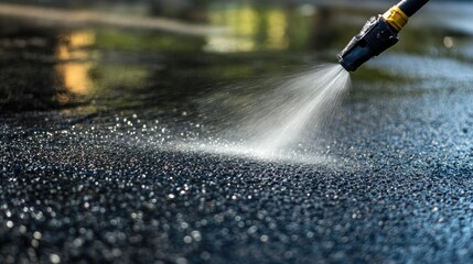 High-pressure water spray cleaning asphalt surface with droplets shimmering under sunlight, showcasing a detailed view of road maintenance in action.