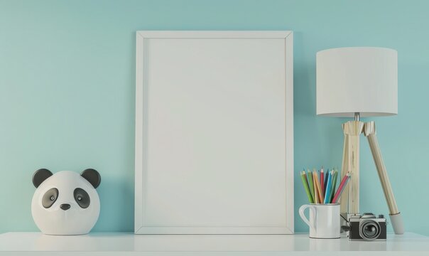 A white desk with a blank picture frame. a panda lamp. a notebook. pencils. and a camera on a blue wall background
