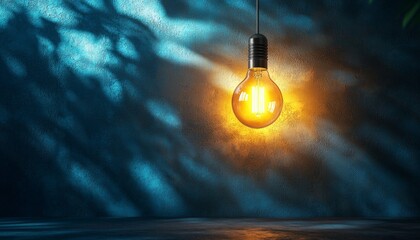 A glowing light bulb hangs against a textured blue wall, casting warm shadows that create a cozy atmosphere.