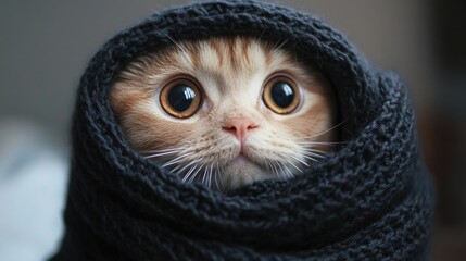 Adorable Scottish Fold cat wrapped in a black knitted scarf with large, expressive eyes peering anxiously to the side in a cozy close-up capture.