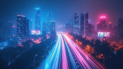 Futuristic cyberpunk cityscape with pink and blue light trails, portraying a sci-fi downtown scene at night with skyscrapers, highways, and billboards, depicted in a 3D illustration. 8k Resolution