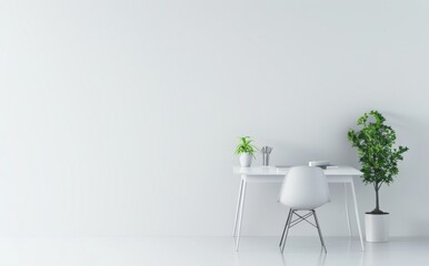 Minimalist white home office with a desk, chair, laptop, lamp, and plants