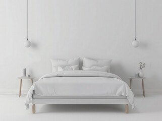 Minimalist bedroom interior with white bed. two bedside tables. and a window with natural light